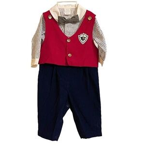 NWOT Baby Togs Vintage 2 Piece Boys Romper Set with Clip Bow Tie 3-6 Months
